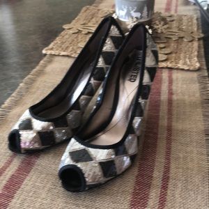 Shiny black, silver sequins heels